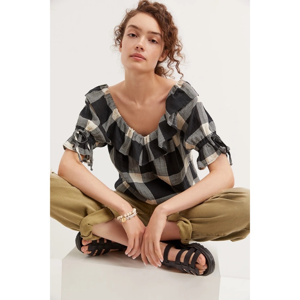 Anthropologie Porridge Cotton Gauzy Ruffles Boat Neck Gingham Blouse Size XL